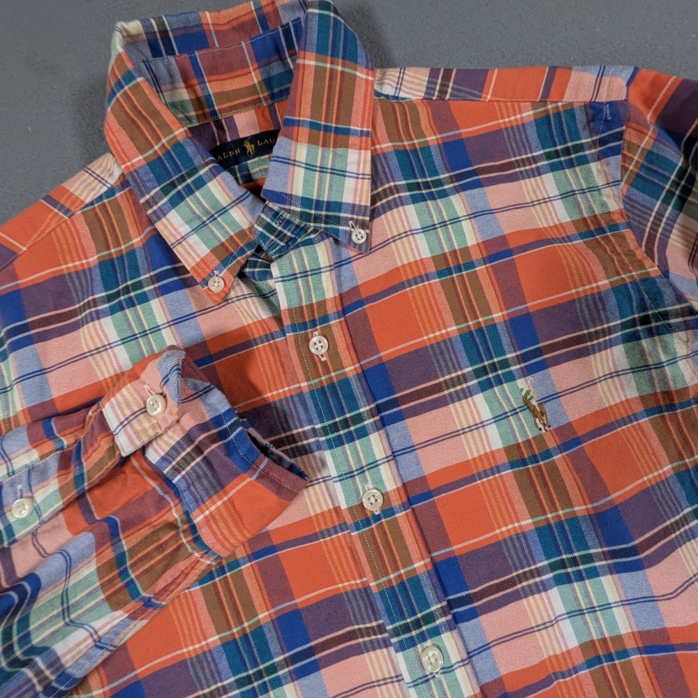 Ralph Lauren Button Down Shirt Mens Small Orange Plaid Long Sleeve Pony Logo